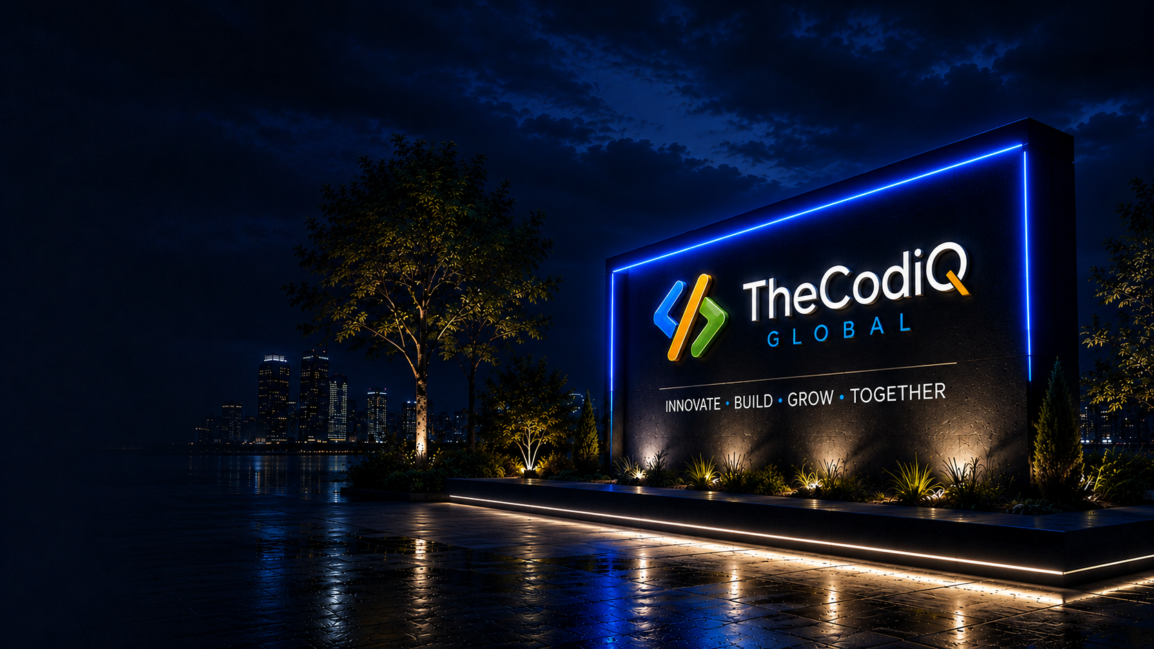 TheCodiQ Global office building at night